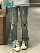 Lunivop Women Chic Japanese Vintage Hole Design Ripped Denim Pants Hip-Pop Straight Leg Long